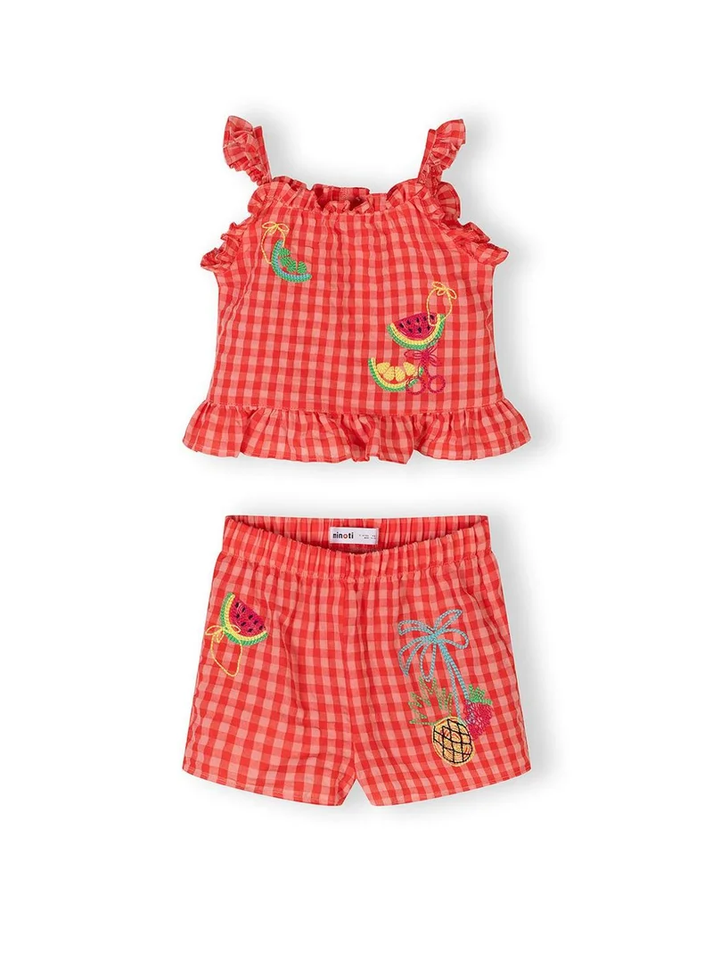 MINOTI Girls gingham shorts set orange embroidery cotton blend